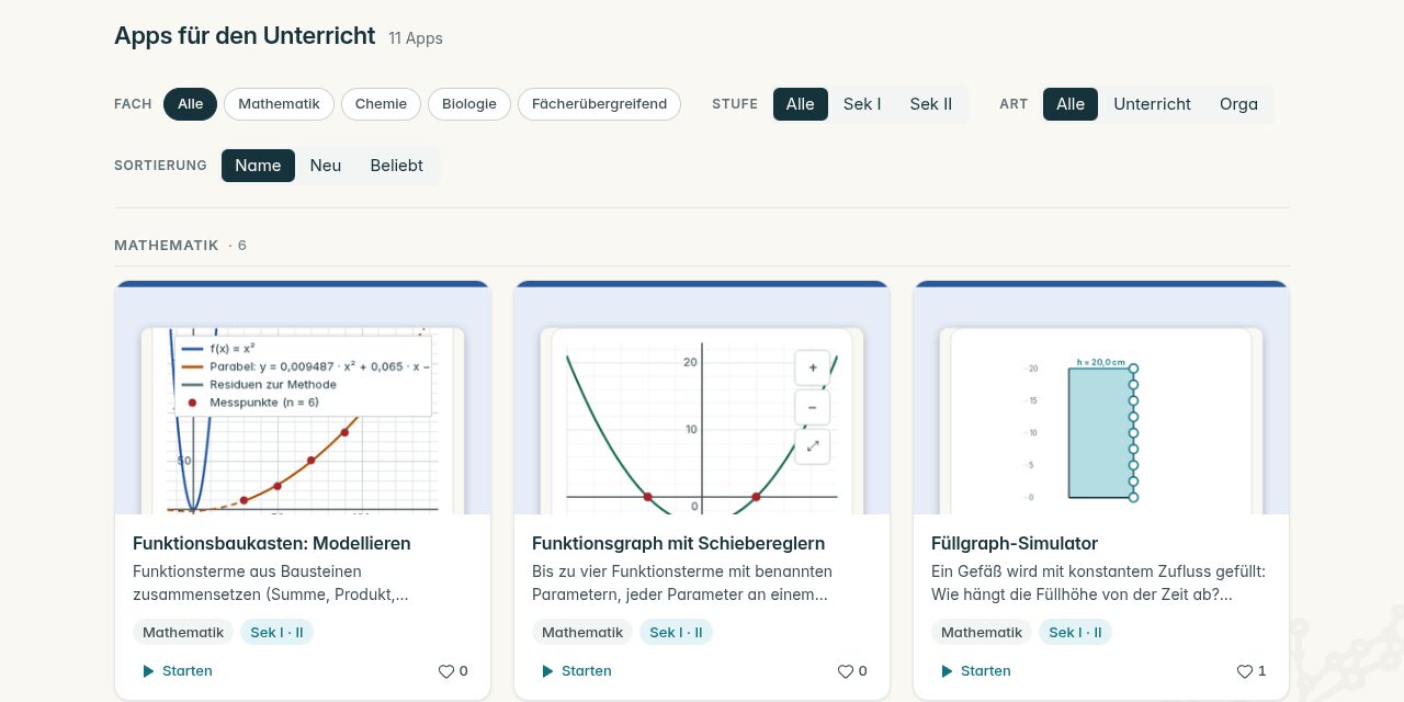 Startseite des Portals bertha.Apps mit Lern-Apps für Mathematik