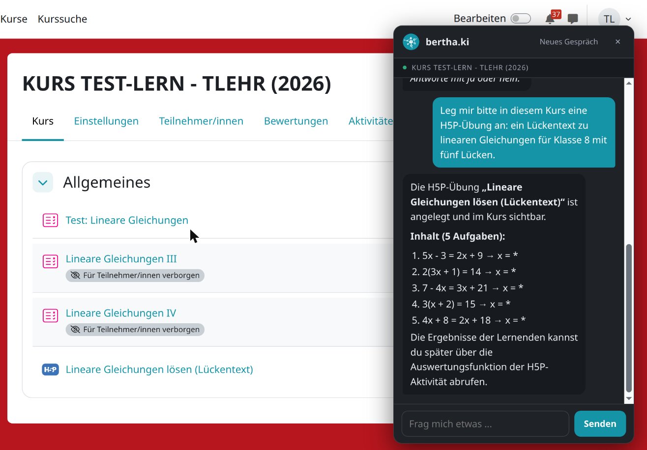 bertha.KI legt auf Zuruf eine H5P-Übung in einem Moodle-Kurs an